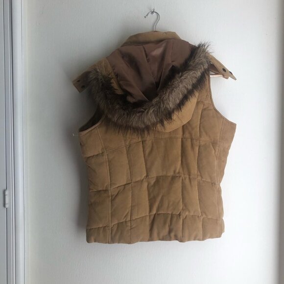 Eddie Bauer size Medium Petite Leather Suede Down Puffer Hooded Vest - Picture 7 of 7